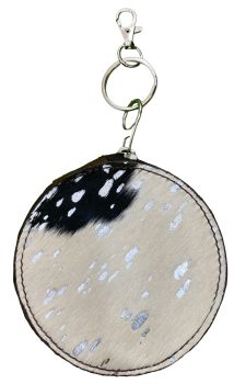 Hair on Cowhide Round Clip Keychain Wallet Pouch - silver